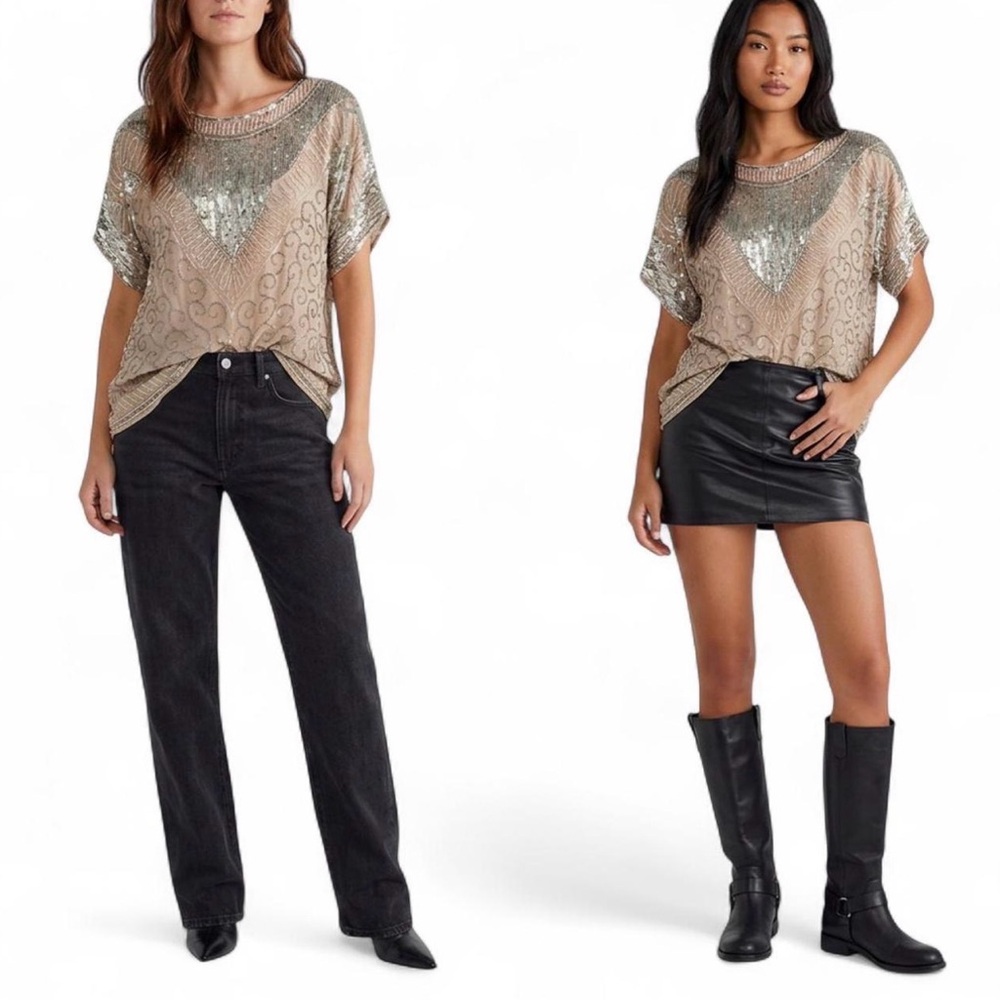 Vintage Silk Beaded Sequin Beige Top